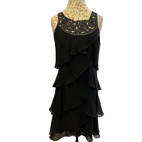 SLNY Dresses & Skirts - 🖤 SLNY 10 Black Chiffon Tiered Dress Lace Overlay Formal Cocktail Elegant